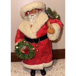 Russ Berrie Black Santa Claus Figurine Red Fabric Coat Wreath Toy Sack 9738 13in